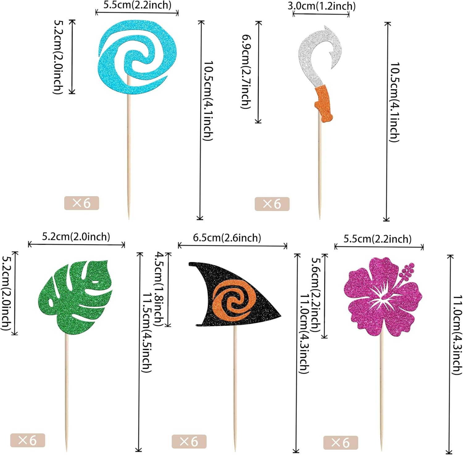 30 Pack Moana Cupcake Toppers Glitter Palm Monstera Leaf Flower Cupcake Picks for Tropical Hawaiian Luautheme Baby Shower Kids Birthday Party Cake Decorations Supplies (#1) - 2 image number 5