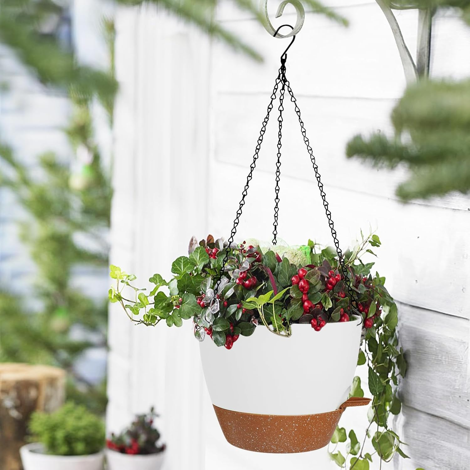 10/9/8 Inch Hanging Planter for Indoor Outdoor Plants, 3 Pack Self-Watering Hanging Pot with Drainage Holes Hanging Planter Baskets Plant Pots with Removable Tray (White+Brown) image number 3