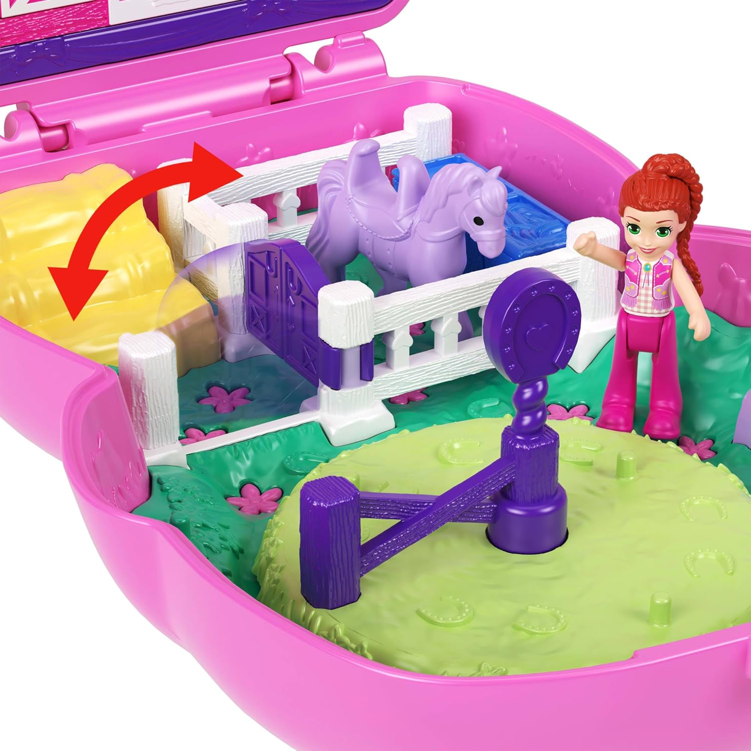 Polly Pocket Dolls and Playset, Pony Rodeo Compact, Travel Toy with 1 Micro Doll, Pet Horses, Food & Fashion Styling Accessories