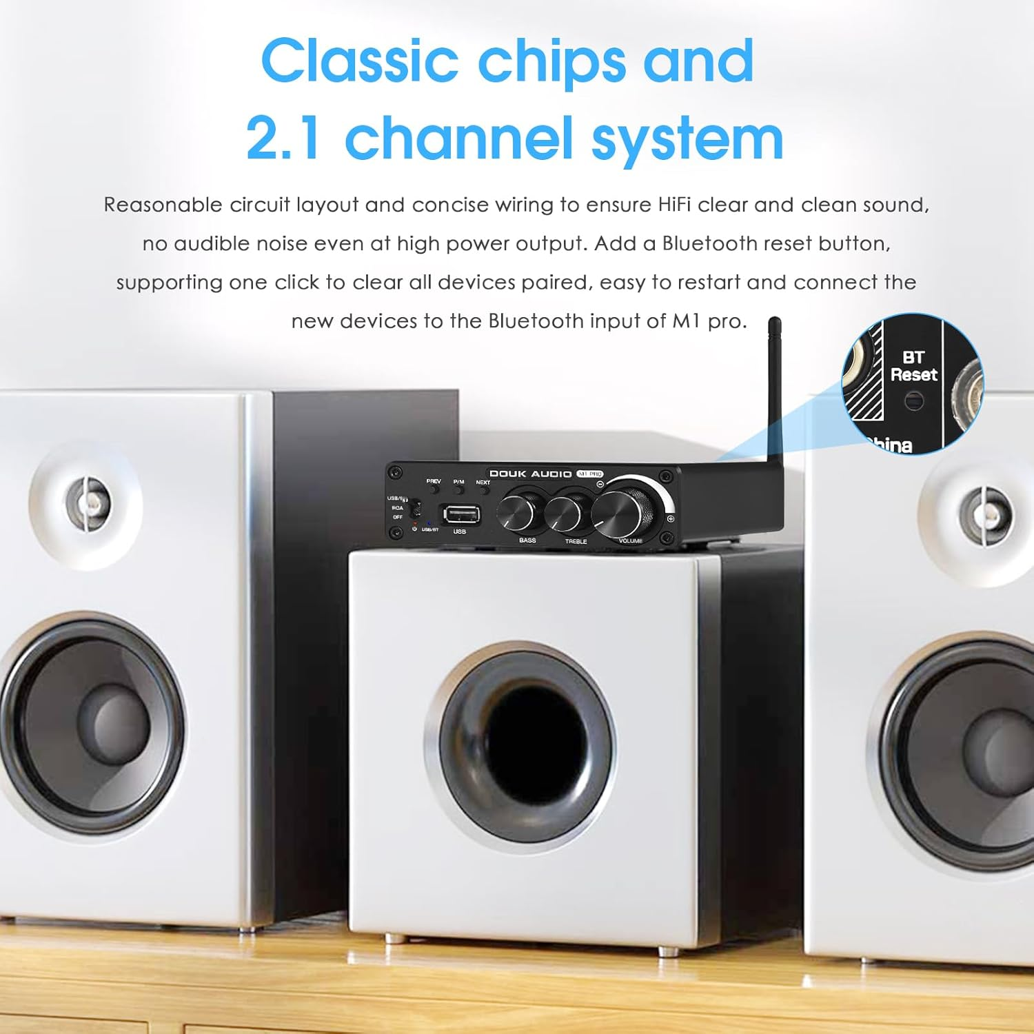 Douk Audio M1 PRO 320W Bluetooth Power Amplifier, 2 Channel Audio Amp, Wireless Receiver, for Home Stereo Speakers/Active Subwoofer, with Treble & Bass Control/U-Disk Music Player image number 4