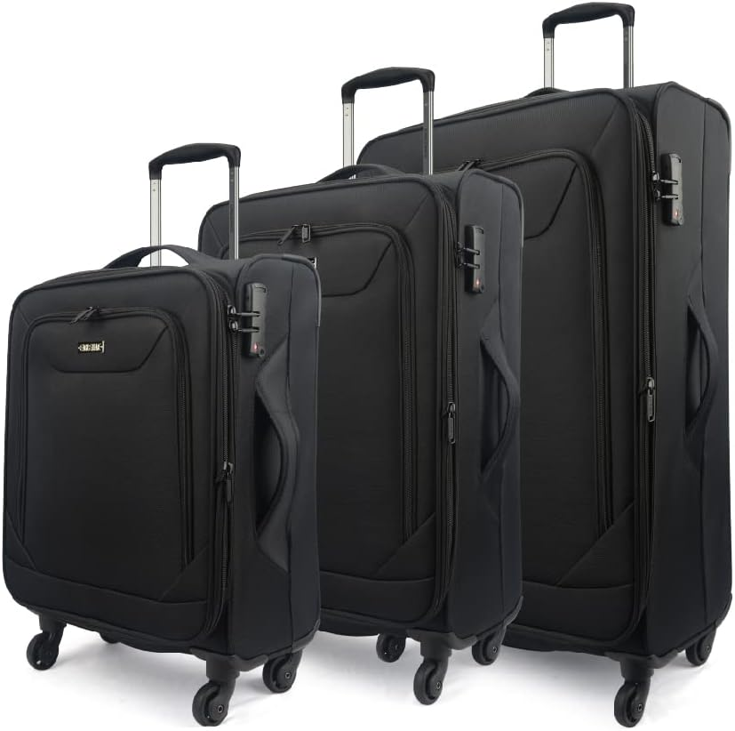 Eaglemate 3 Piece Lightweight Soft Luggage Suitcase Set &ndash; Durable, Expandable, 360&deg; Spinner Wheels, Soft Touch Exterior, TSA Lock for Secure Travel,15 Years Warranty,Black
