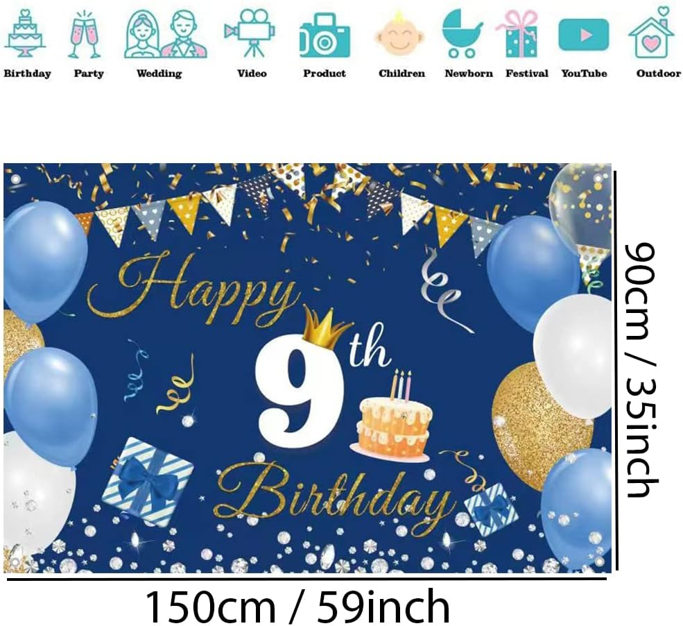 9Th Birthday Decorations for Boys Girls Happy 9Th Birthday Backdrop Banner Happy 9 Years Old Fabric Sign Poster, Blue Photography Background Ninth Birthday Party Supplies, 59"X35.4" image number 1