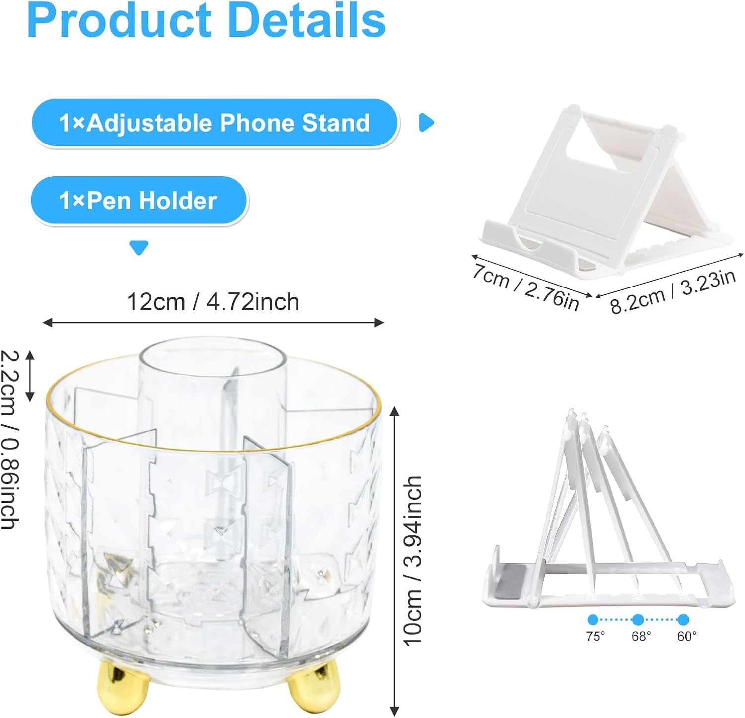 Marte Vanci Pen Pencil Holder, 360&deg; Rotating Makeup Organiser Brush Holder with Phone Stand, Pen Pot Brush Organiser 5 Slots Desk Storage Box Caddy for Dressing Table Office Stationery Clear Gold - Clear Silver image number 4