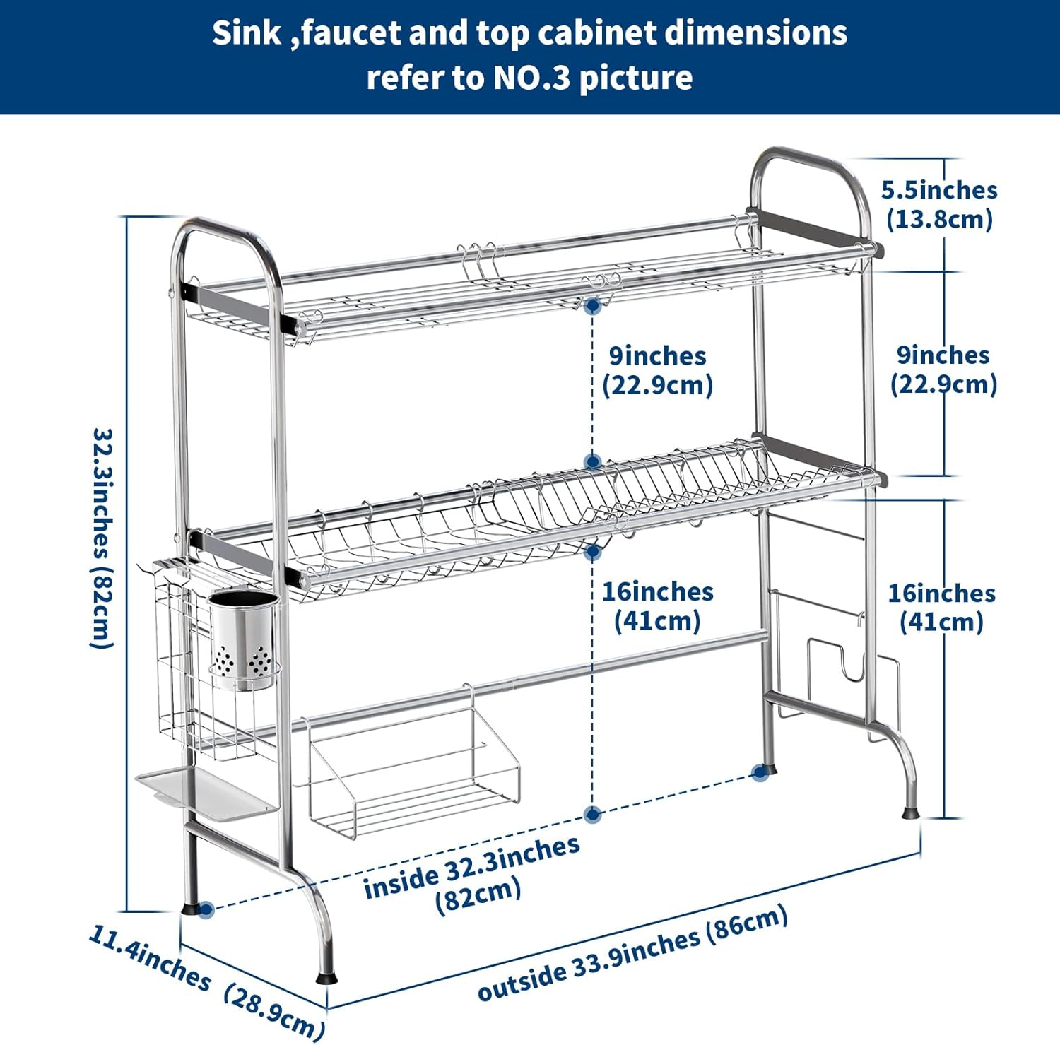 Over the Sink Dish Drying Rack, Sandream 2 Tier over Sink Dish Rack, Stainless Steel Sink Drying Rack with Utensil Holder, Large Capacity Dish Drainer for Kitchen Counter, Silver (Fit Sink&le; 81Cm/32) - Silver image number 5