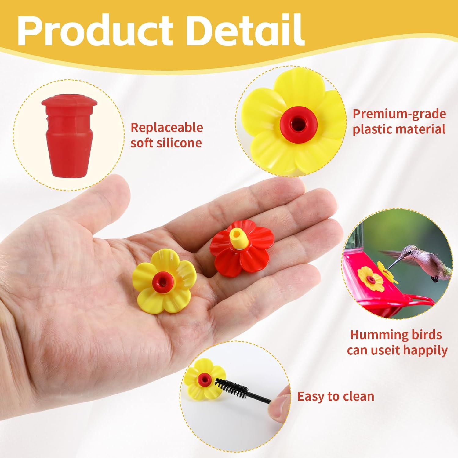 24 Pieces Hummingbird Feeders Replacement Flowers Pet Bird Feeder Replacement Feeding Ports with 2 Cleaning Brushes for Outdoor Hanging Feeders(Red+Yellow) image number 2