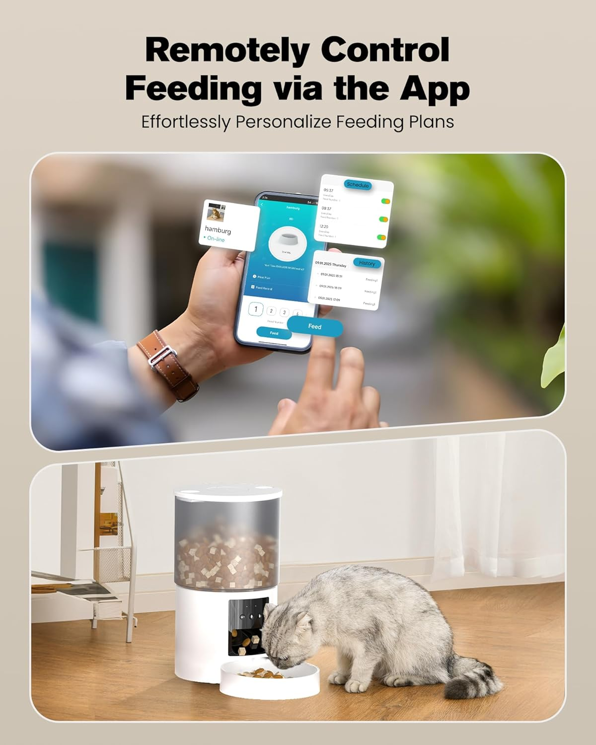 POOEKEN Automatic Cat Feeder, Wifi: 4L Capacity, Customised Schedule, App Control, Voice Interaction, White image number 1