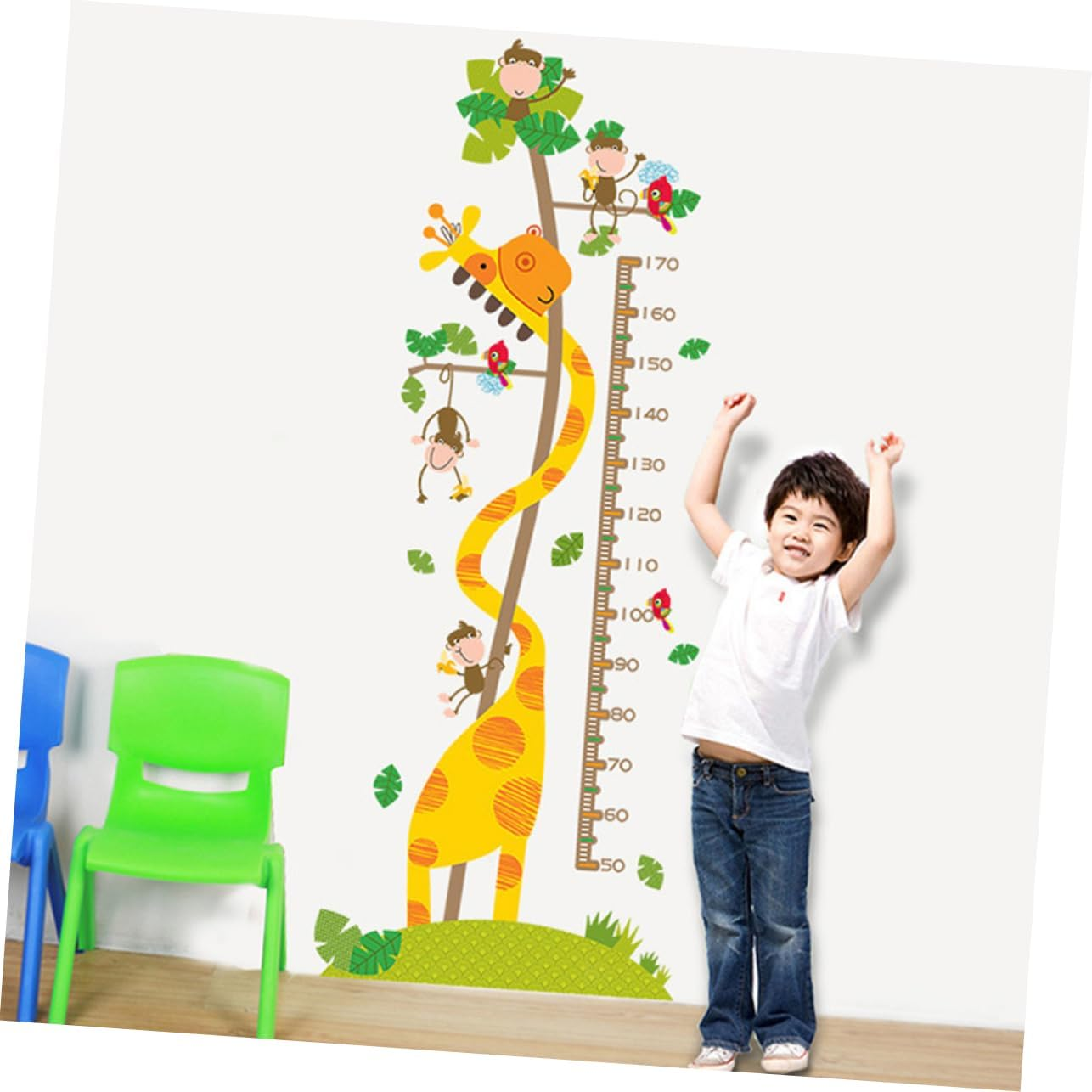 Animal Design Adhesive Height Chart Sticker Removable PVC Growth Chart Decal Featuring Giraffe and Monkey for Kindergarten Living Room and Nursery Decor image number 5
