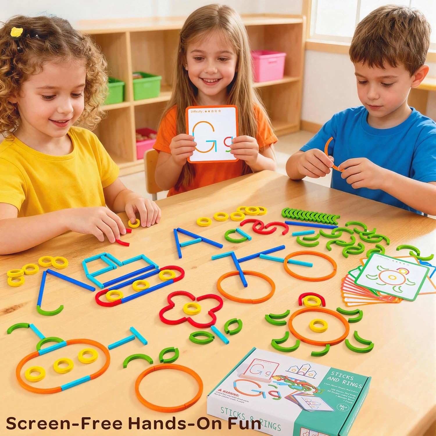 Montessori Smart Sticks and Rings Set with Challenge Cards, 120PCS Creative STEM Kit with Wooden Pattern Blocks for Kids, Preschool Learning Activities and Classroom Use