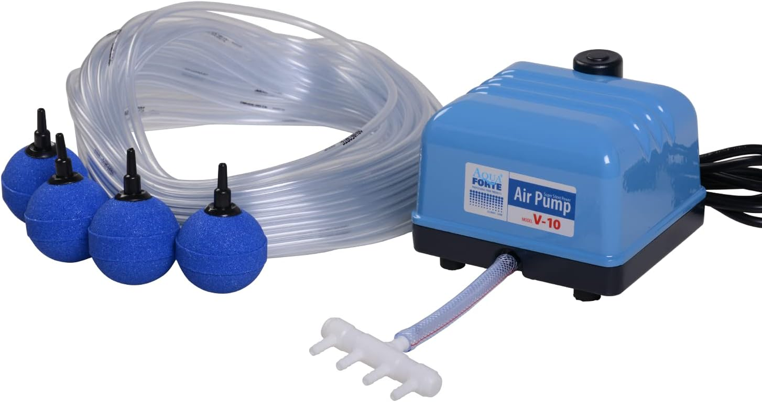 Aquaforte Hi-Flow V-30 Air Pump Kit Complete Kit with Air Distributors, 25 M Hose 4 X 6 Mm and 6 X 5 Cm Air Stones, Capacity at 2 Metres 7 Litres per Minute, Maximum Pond 18 M3 image number 1
