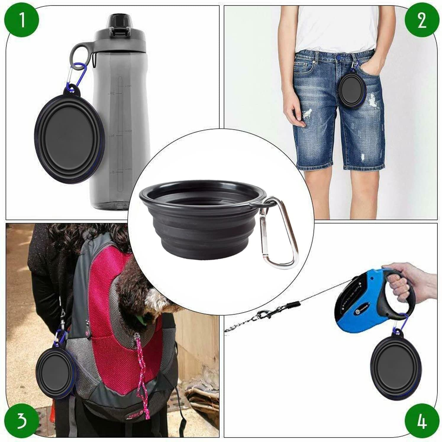 Yotsuba Dog Travel Bowl-Portable Collapsible Silicone Pet Bowl with Carabiner - Foldable Travel Dog Cat Food Water Dish for Camping, Hiking, Training (Purple) - Black image number 2