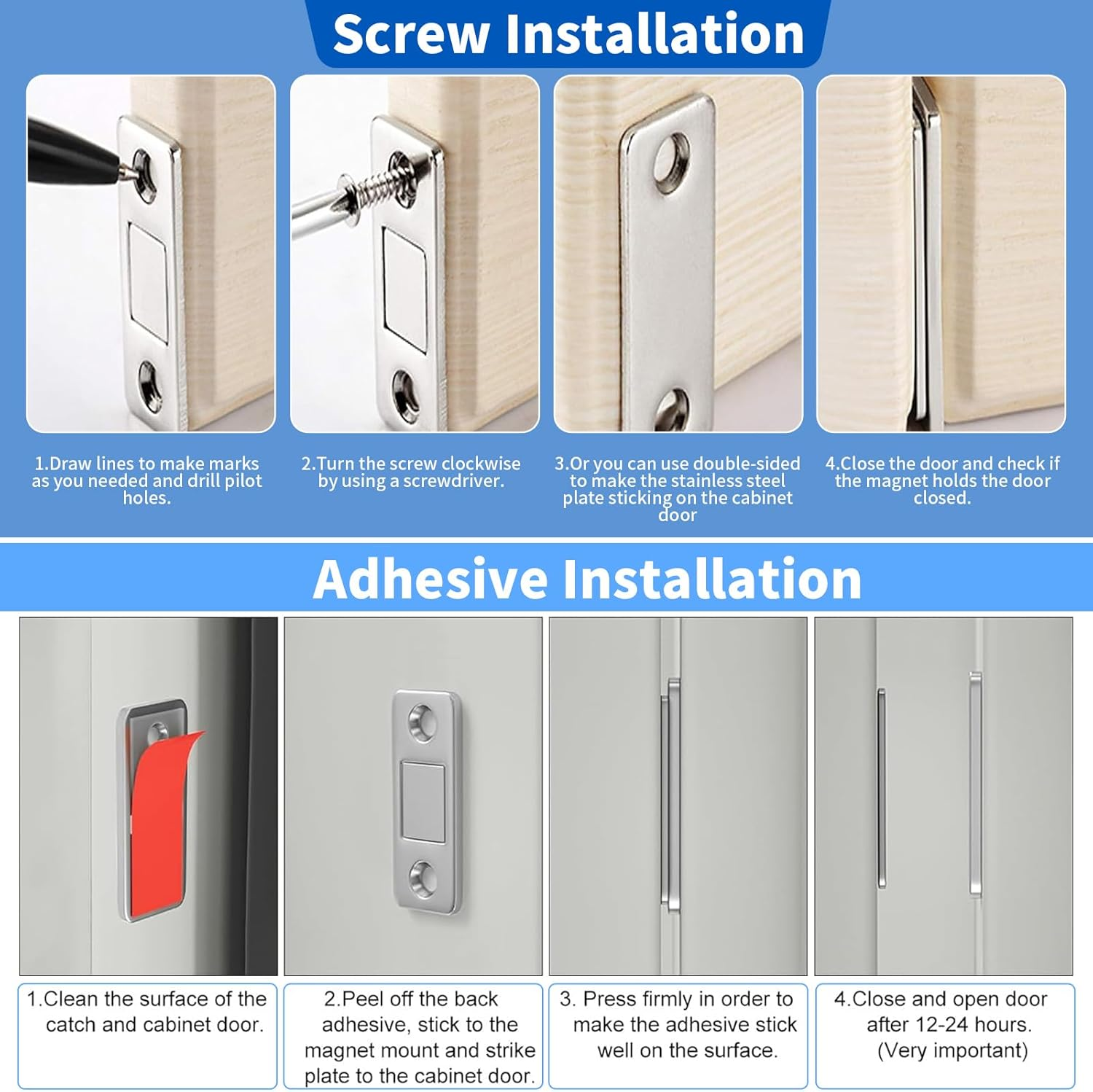 16 Pack Strong Magnetic Door Catch with 64PCS Screws & 32PCS Self-Adhesive, Ultra Thin Invisible Door Catch for Kitchen Cabinet Shower Doors Catch, Drawers Latch, Cupboard Closet Door Closer (Silver)