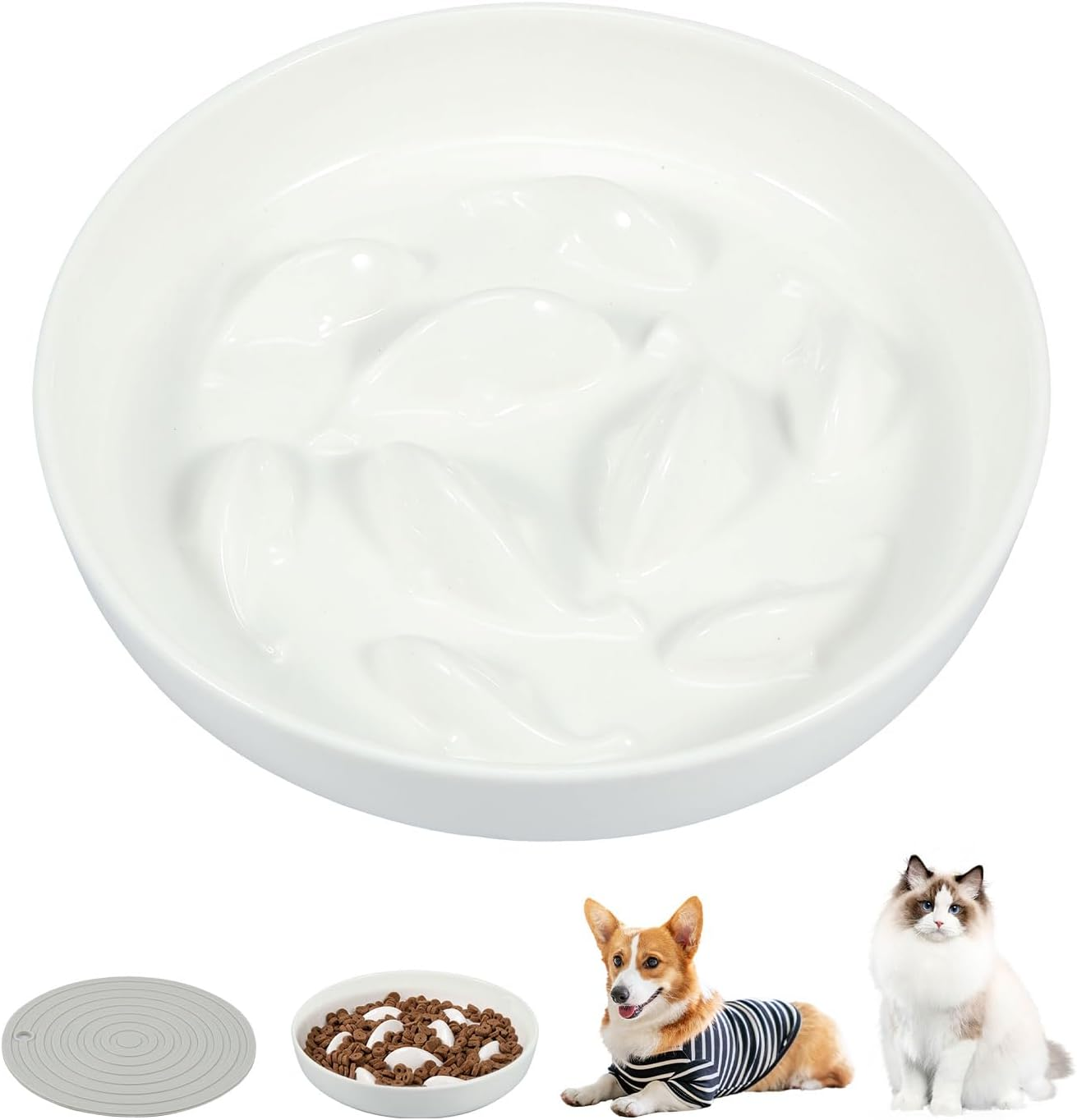Slow Feed Dish for Cats and Small Dogs with Non Slip Mat Raised Edge Slow Eating Cat Bowls anti Vomiting anti Gulping Healthy Eating Diet Pet Bowls Reusable Slow Feeder Dish Fish Shape Design Pet Food