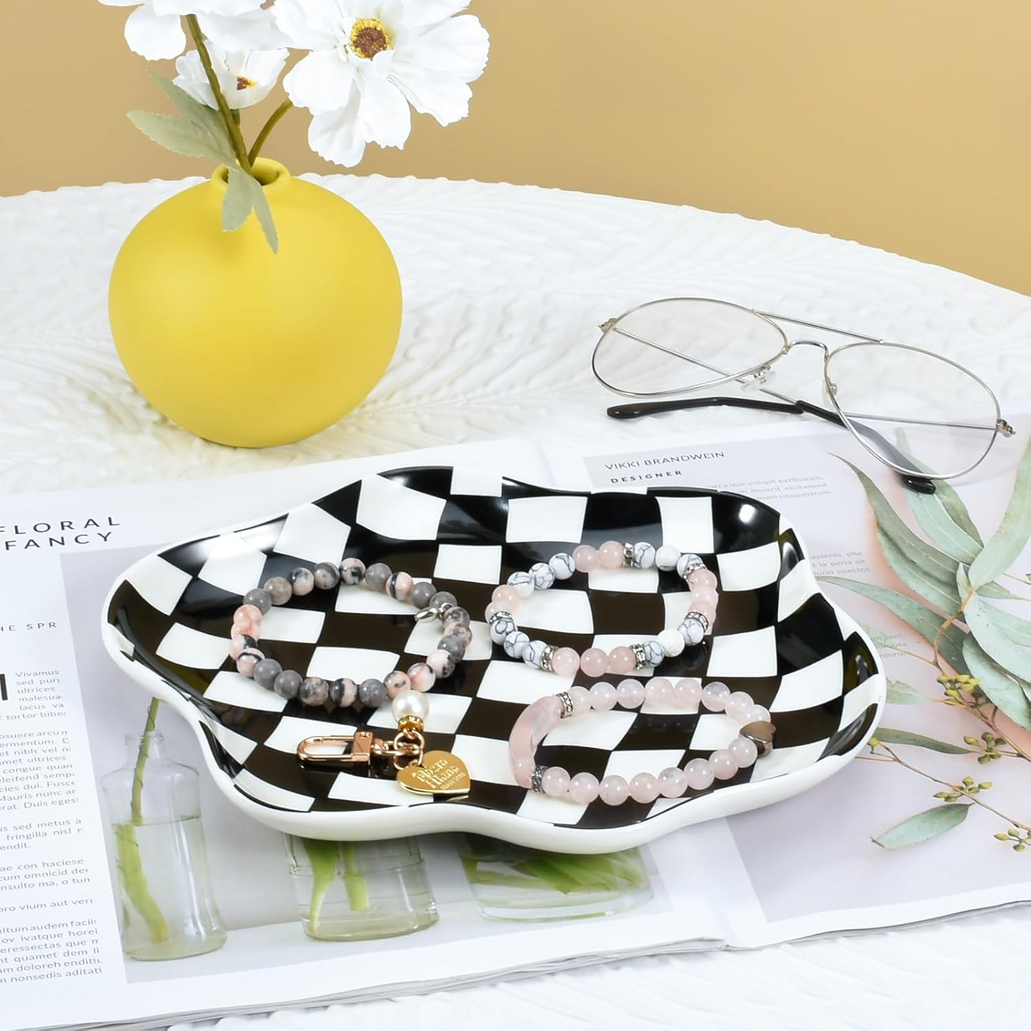 Koythin Jewelry Tray, Ceramic Jewelry Dish Trinket Tray Organizer, Checkered Pattern Aesthetic Decorative for Kitchen, Bathroom, Birthday Gift (Black and White Checkerboard) - Brown Plaid image number 6