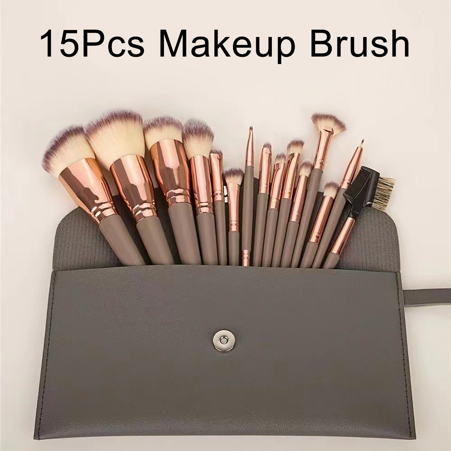 15 Pieces Professional Makeup Brush Set with PU Leather Cosmetic Bag Suitable for Mixed Foundation, Concealer, Blush, Eyeshadow, Contouring (Champagne Gold)