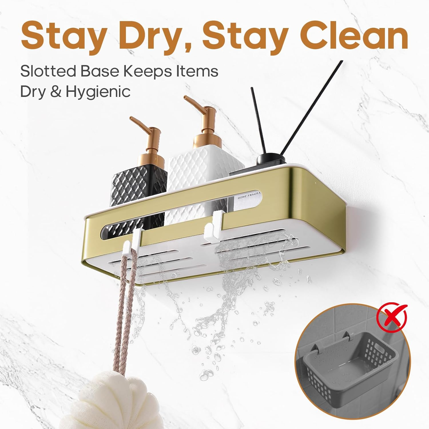 Decaura Shower Caddy Stainless Steel, Wall Mounted Shower Basket with Removable Plastic Liner, Bathroom Organizer with Hooks, Rustproof, Brushed Gold - Brushed Gold image number 4