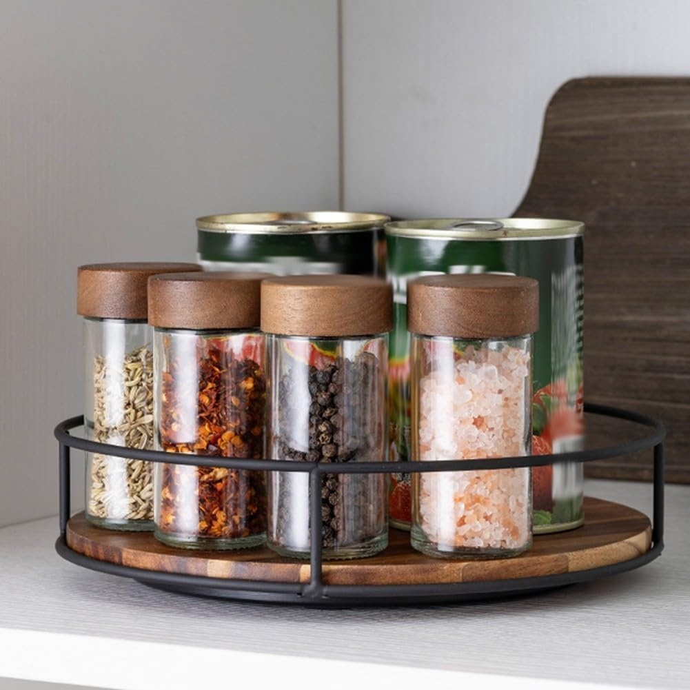 Dxzephious 11.5" Acacia Wood Lazy Susan Turntable, Kitchen Organizer 360 Degree Turntable with Steel Sides, Turntable for Countertop Cabinet or Dining Table,Lazy Susan for Table Top image number 2