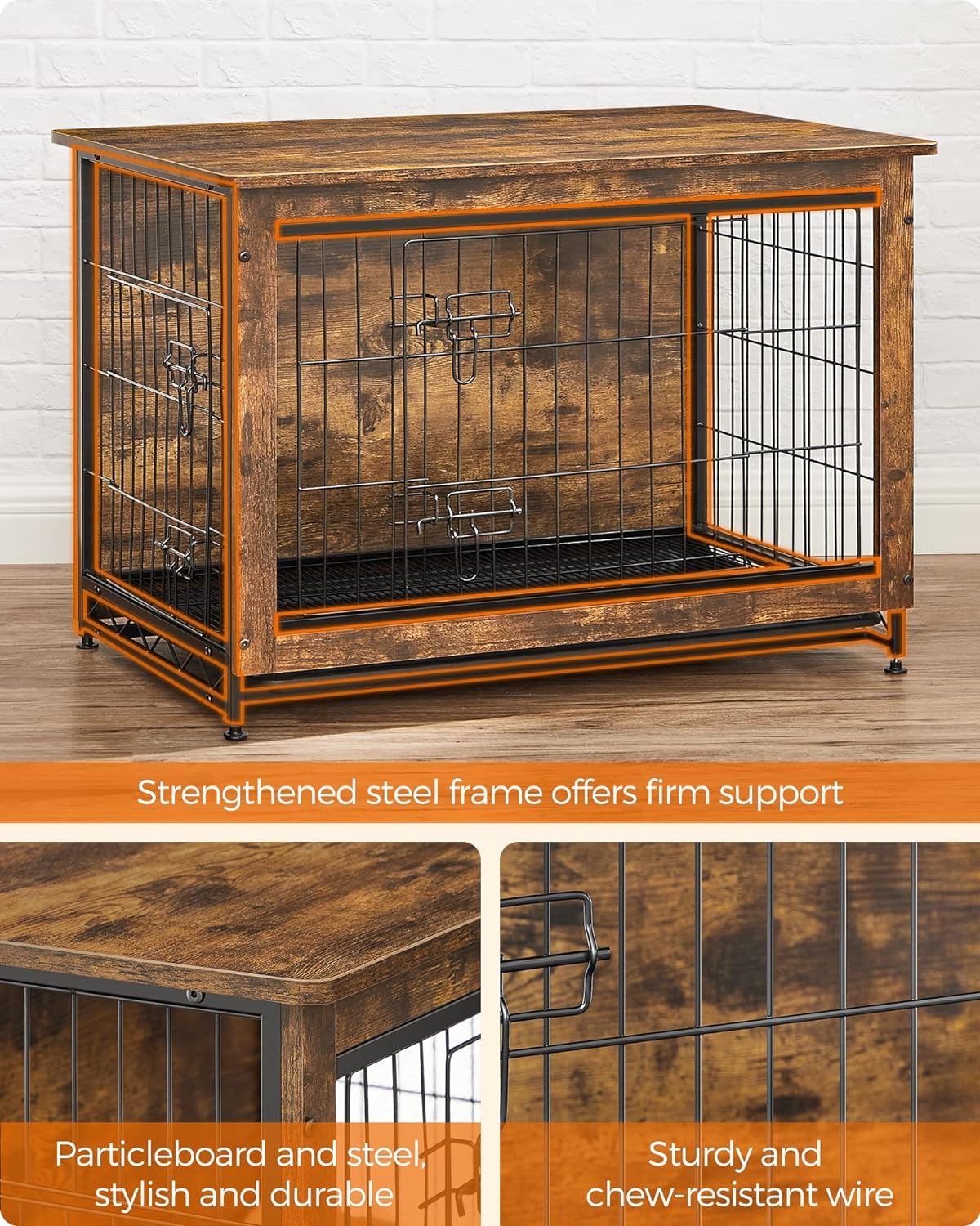 Feandrea Dog Crate Furniture, 98 Cm Side End Table, Modern Kennel for Dogs Indoor up to 32 Kg, Heavy-Duty Dog Cage with Multi-Purpose Removable Tray, Double-Door Dog House, Rustic Brown PFC003X01 image number 3