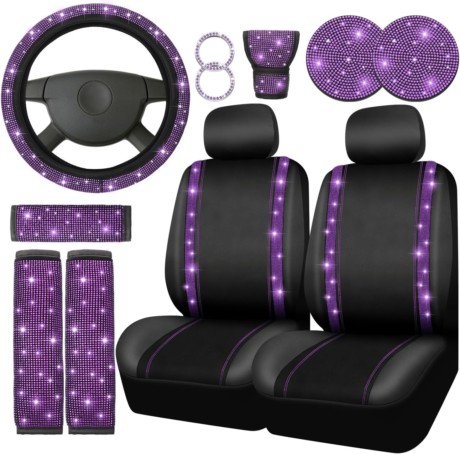 Bling Car Seat Covers Set Car Diamond Accessories with Shiny Bling Car Seat Covers Bling Steering Wheel Cover Seat Belt Pads Glove Glitter Center Pad Cup Drill Rings Universal (Purple, Front Seat) image number 2