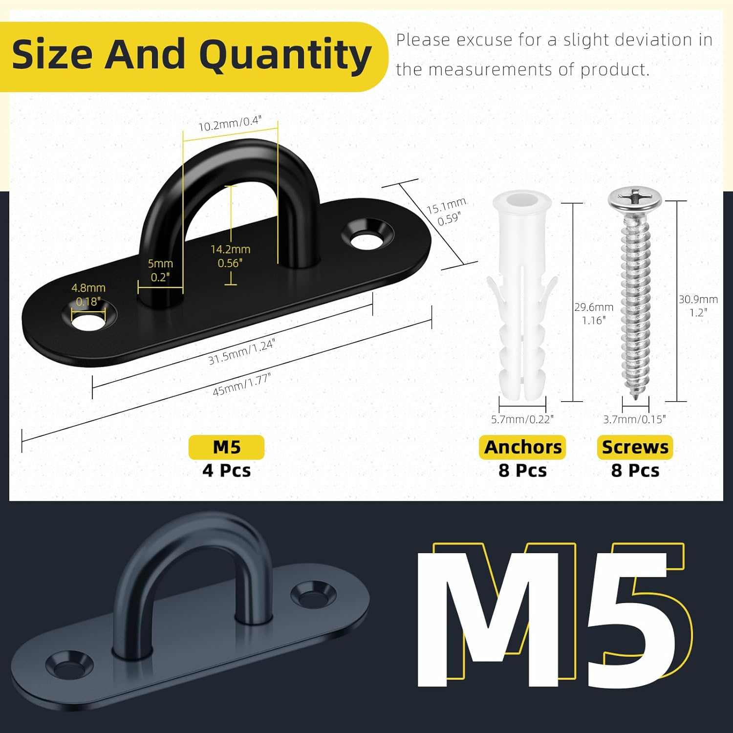 Mardatt 4 Pack M5 304 Stainless Steel Pad Eye Plate U Hooks, Marine Hardware Hook with Screws Anchors, Heavy Duty Ceiling Hooks Pad Eyes Plate, Black image number 5
