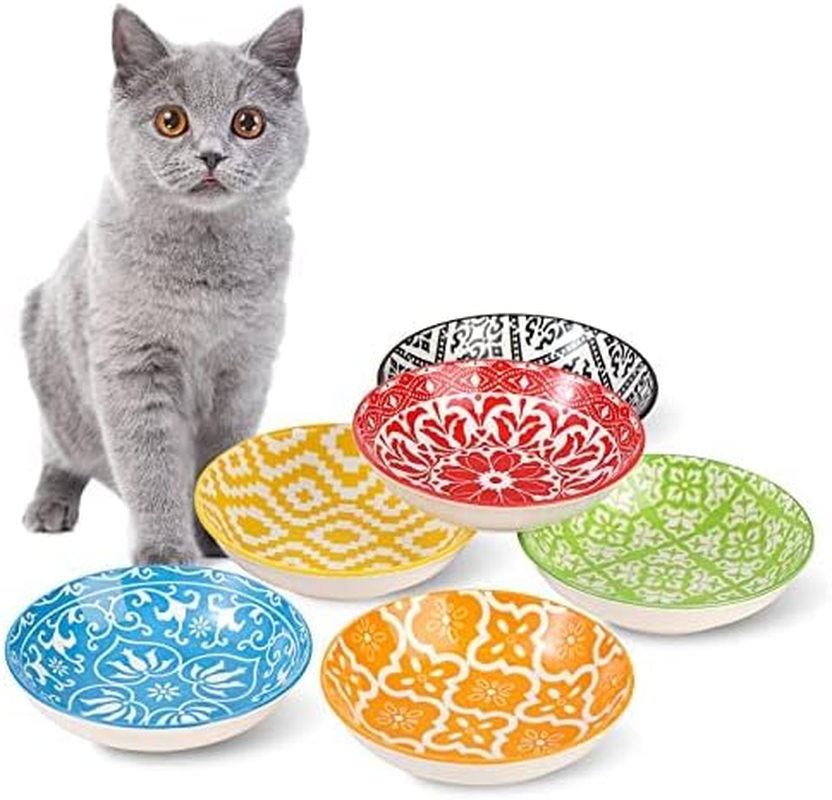 Ceramic Cat Food Bowl Set - Wide Shallow Cat Bowl for Whisker Fatigue Relief - Cute Cat Feeding Bowls - Flat Cat Dish - Cat Plates - Microwave and Dishwasher Safe - 6 Pack - 8.5 Oz - 5.75 Inch - White