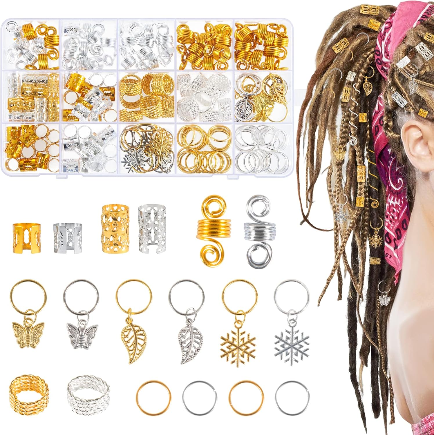 Pack of 180 Dreadlocks Jewellery Hair Rings for Braids Gold Silver Adjustable Metal Braids Jewellery Hair Beads Viking Hair Accessories with Storage Box for Braids Decoration and Hair Extensions image number 3