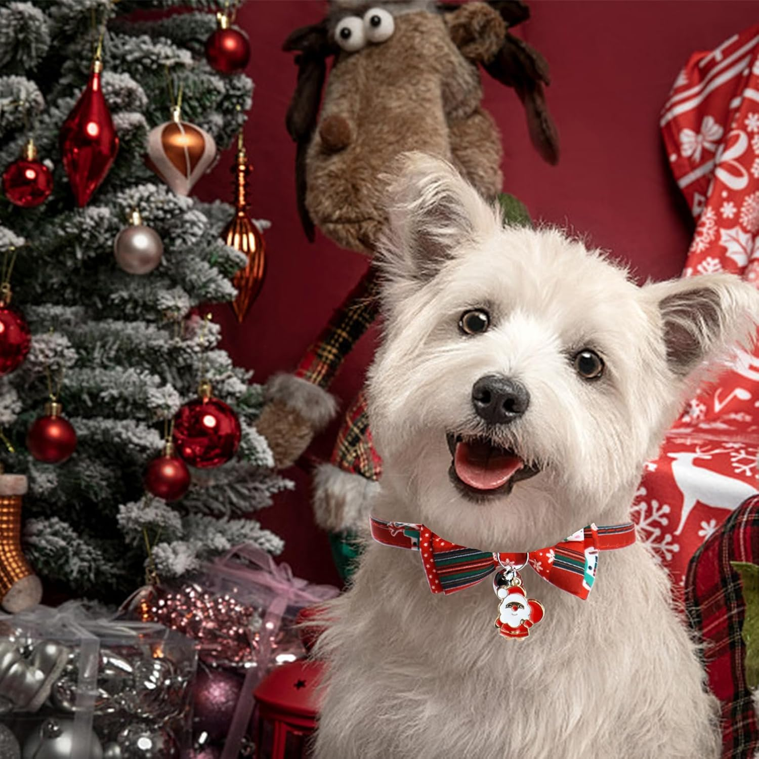 Christmas Dog Collar with Dog Bow Tie Removable Dog Collar Adjustable Dog Collar Christmas Cat Collar with Safety Clasp for Cats and Kittens (Red) image number 1