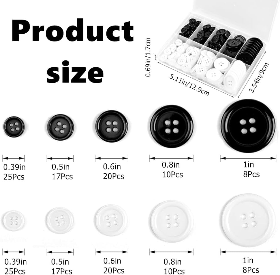 Kastetards 160 Pcs round Sewing Buttons,Black and White Round-Sewn Buttons, Five Sizes,1 Independent Compartment Storage Box, DIY Craft, Suitable for Shirts, Overcoats, Trousers, Clothing Craft image number 2