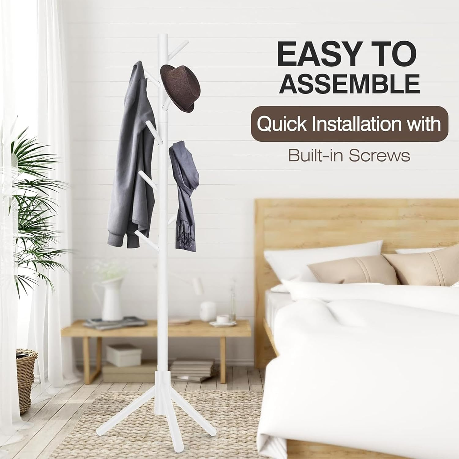 Uandhome Coat Racks Free Standing, Sturdy Wooden Coat Tree with 8 Hooks and Adjustable Size Coat Hanger Standing Tree for Coats, Hats, Scarves and Handbags for Entryway, Hallway, Bedroom, Office image number 2