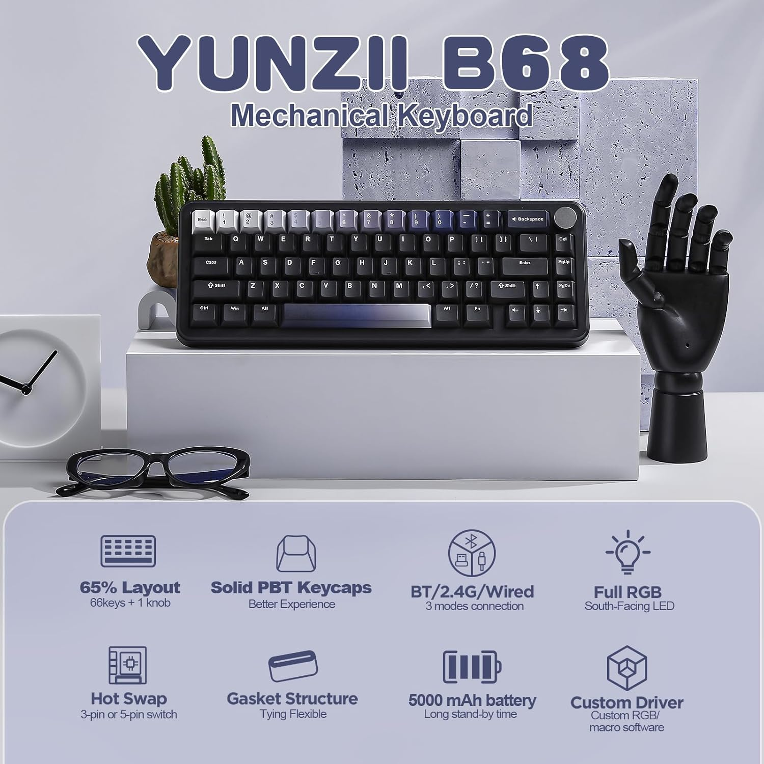 YUNZII B68 Wireless Cute Keyboard, Gasket Gaming Hot Swappable Creamy Keyboard with Knob, RGB, Bluetooth/2.4G/Type-C, Double Shot Rainbow Keycaps for Win/Mac (Black, Cocoa Cream V2 Switch)