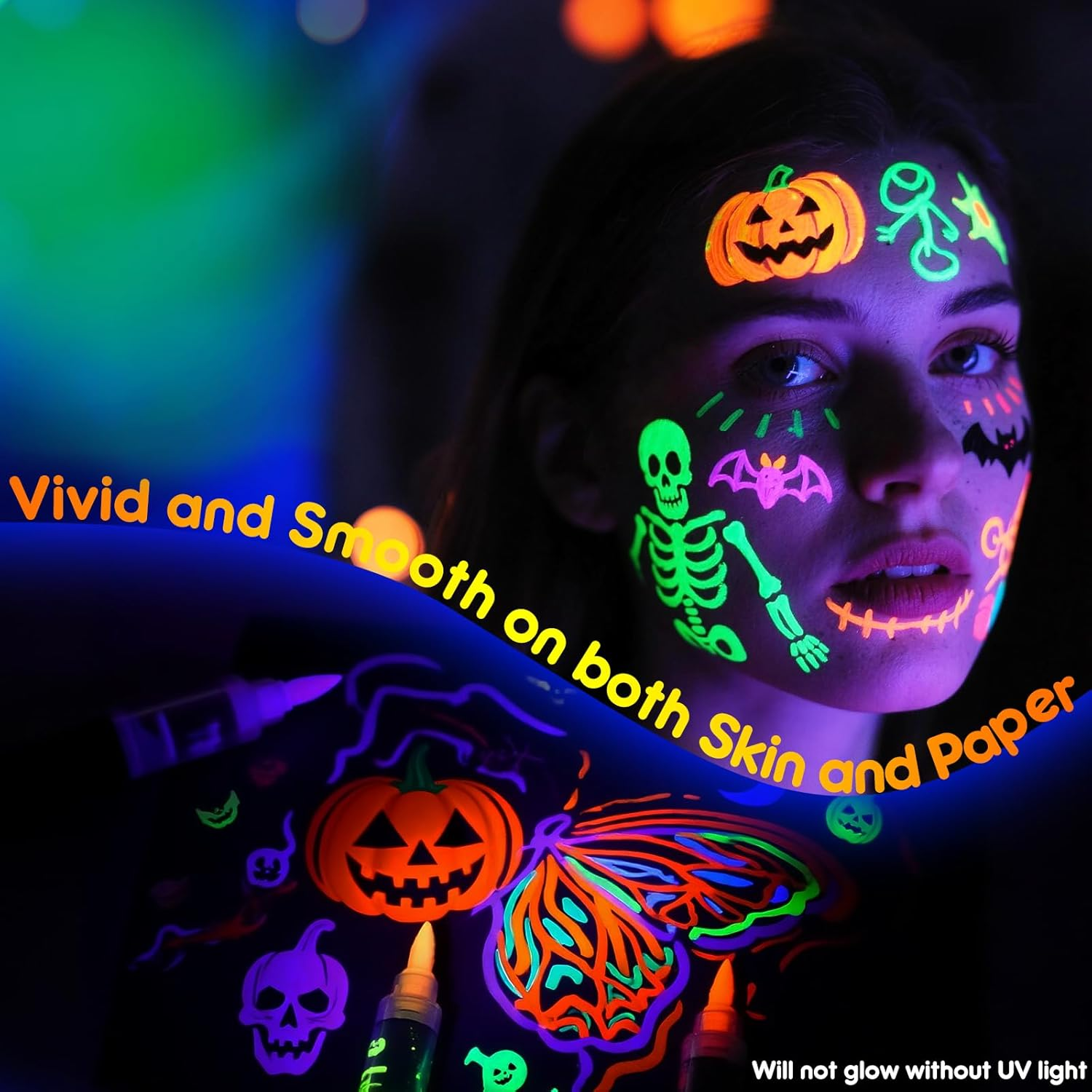 Theast 8 UV Neon Face Paint Pens, Glow in the Dark under UV Light Body Painting Kit, Tatto Markers for Skin Washable, Face Makeup for Party Favors