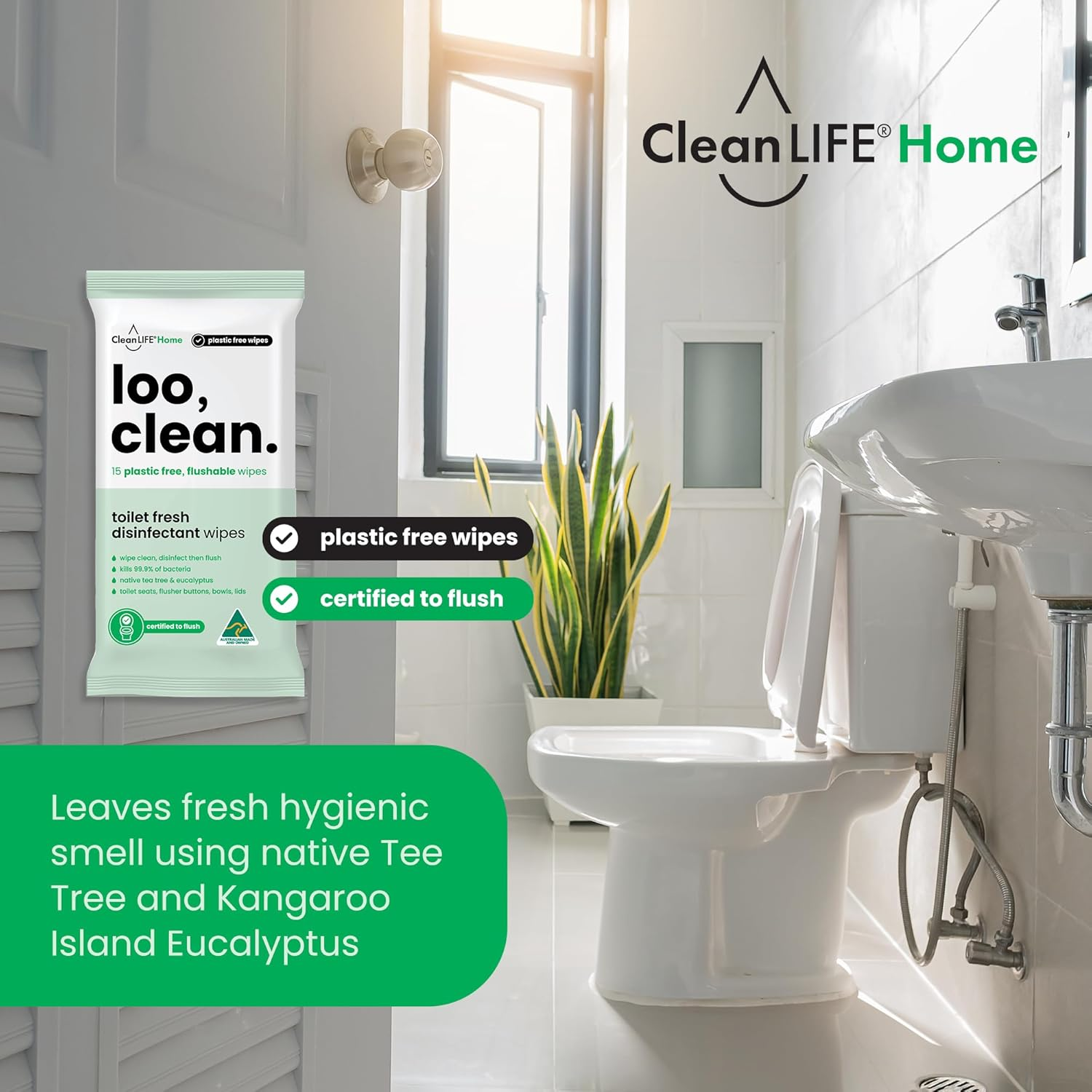 Cleanlife Flushable Toilet Wipes - Biodegradable Bathroom Cleaning Sheets, Travel Disinfectant Surface with Tea Tree & Eucalyptus for Seat, Bowl & Public Loo Hygiene, 15 Wipes