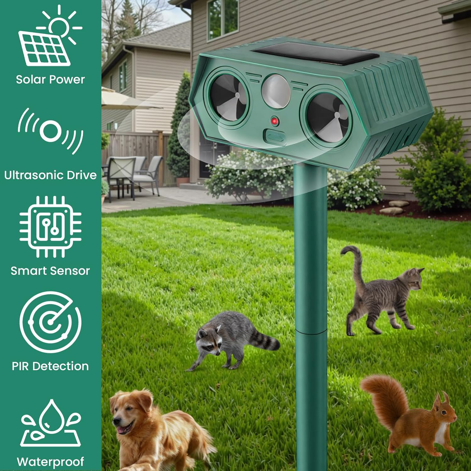 2 Pack 2025 Ultrasonic Animal Repellent, Outdoor Solar Powered Cat Repellent Devices Bird Possum Snake Repellents Motion Activated Deterrent Deer Squirrel Rabbit Raccoon Skunk for Yard Lawn image number 5