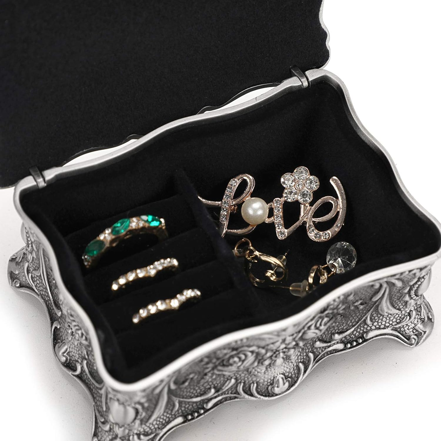 Hipiwe Vintage Jewelry Box, Metallic Grey Floral Rectangular Treasure Chest Box, 3.7" X 2.7" X 2", Keepsake Gift Box Case for Women Girls image number 3