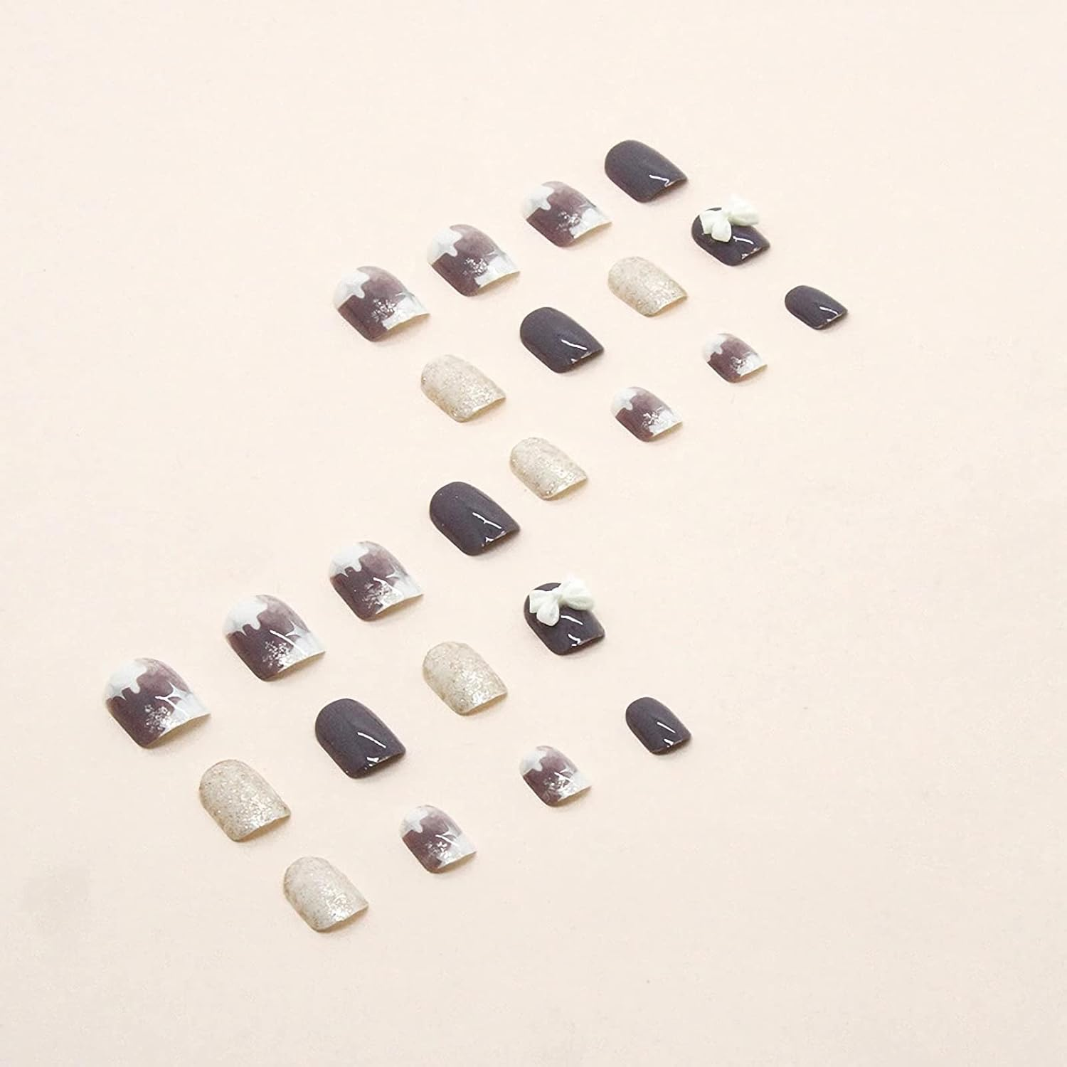 RYUUSEI Short Square Press on Nails, Fake Nails with White Gold Purple with Bow, Stick on Nails, Cute Fake Nails Full Cover Acrylic False Nails French Acrylic Nails Press on for Women Girls DIY Nail Manicure