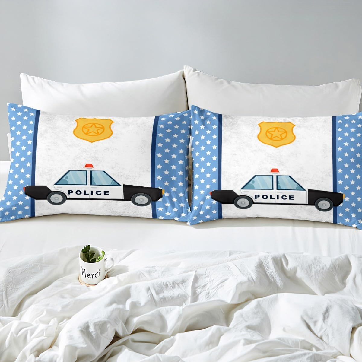 Police Car Children'S Duvet Cover Set, M Size, Stars Cartoon Cute Bedding Set, Boys Girls Women, Cartoon Police Vehicles Comforter Cover, Blue White Fashion Quilt Cover, 1 Pillowcase image number 5