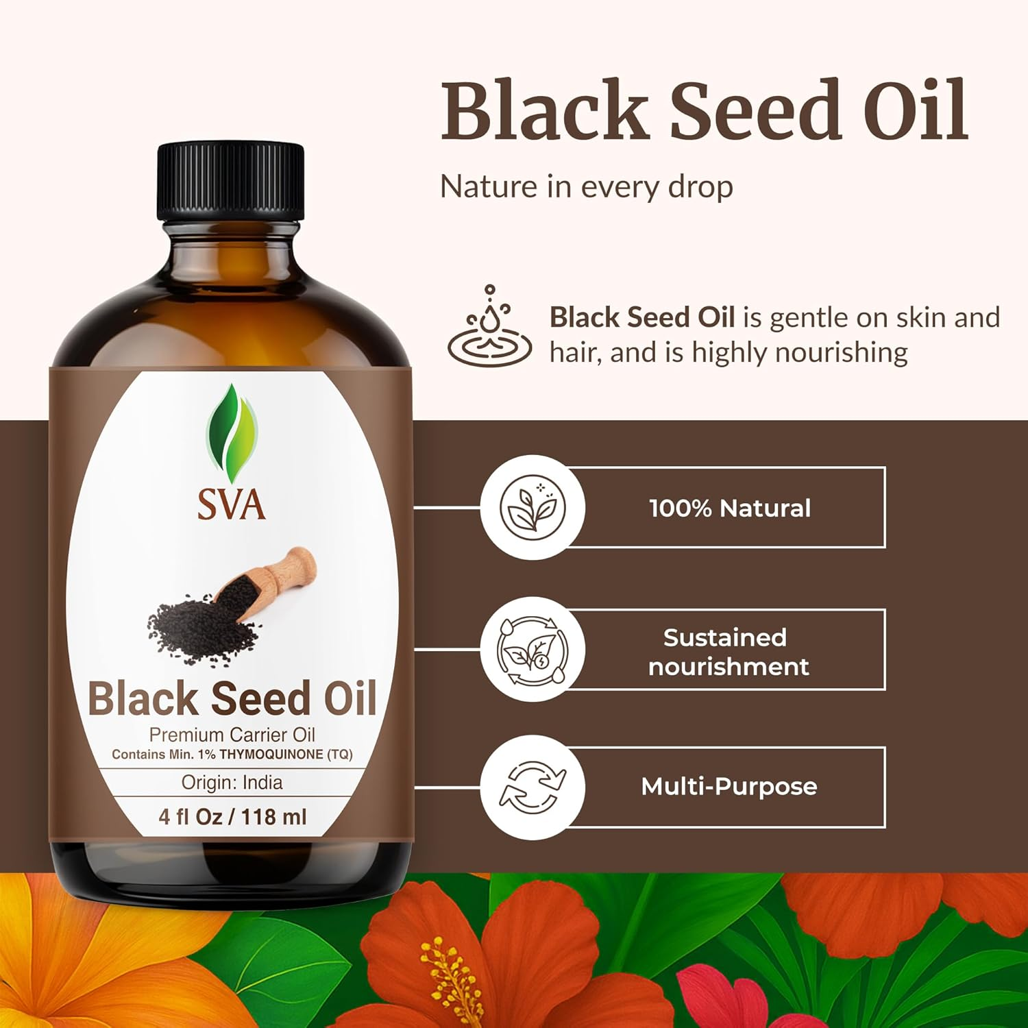 SVA Black Seed Oil 4 Fl Oz &ndash; 100% Natural Cold Pressed Carrier Oil with Dropper &ndash; for Hair, Skin, Nails & Body Massage image number 4