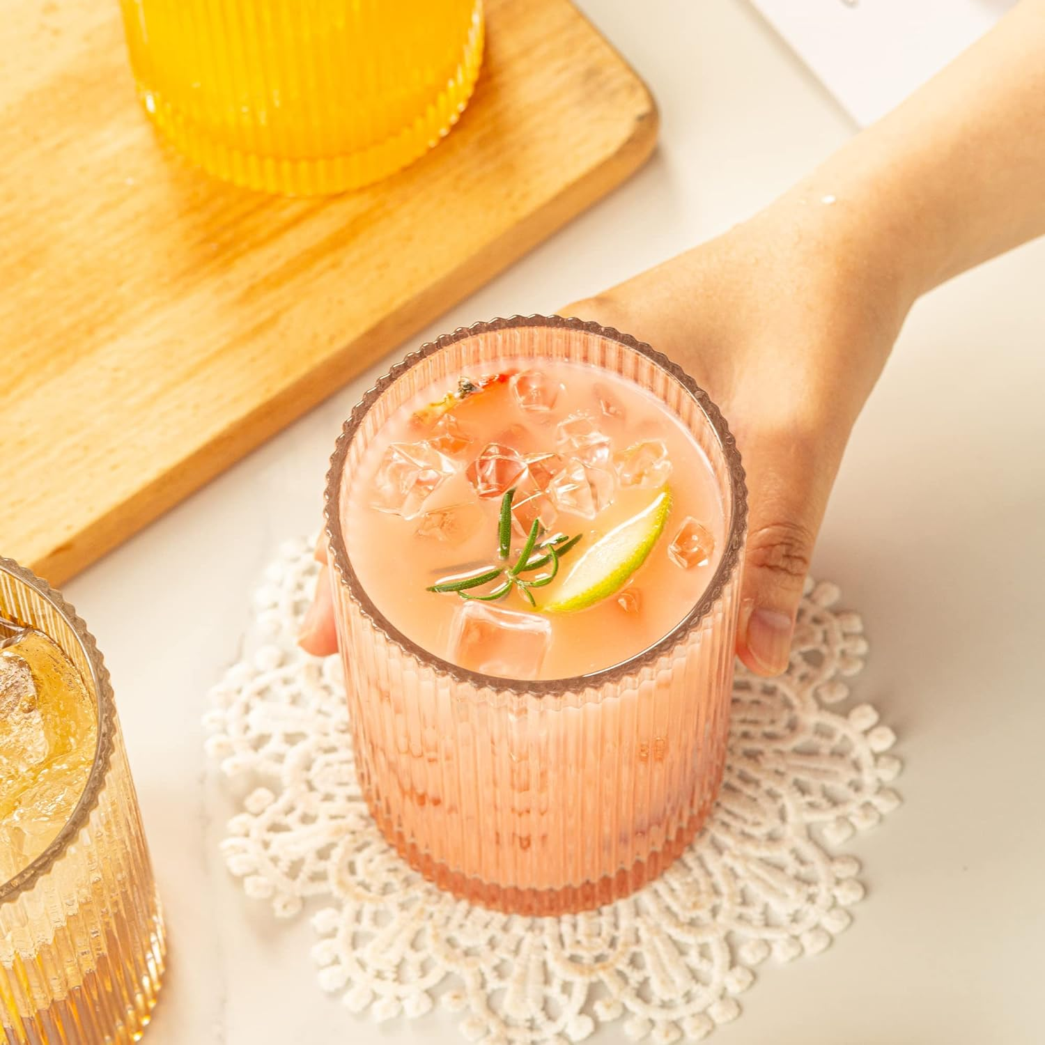 POLIDREAM Drinking Glasses Set of 4 Vintage Whiskey Glasses 500Ml Art Decor Ribbed Glassware Set Embossed Glass Tumblers Cocktail Glasses Water Glasses for Beer Juice Milk(8.3X8.3X13Cm) image number 6