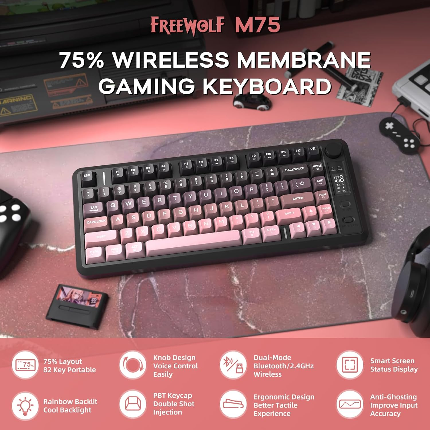 FREEWOLF X Attack Shark M75 Wireless Membrane Gaming Keyboard Mechanical Feel with Knob & OLED Display Bluetooth/2.4Ghz Rainbow Backlit Gradient PBT Keycaps 2000Mah Battery Anti-Ghosting-Pink image number 6