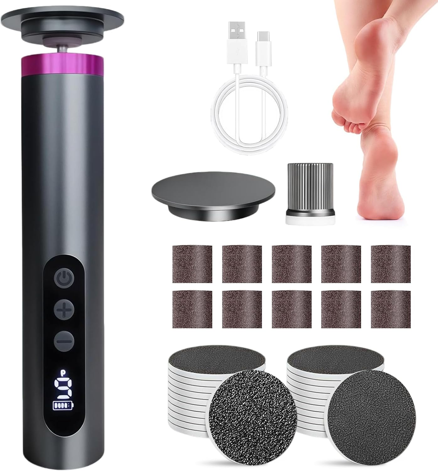 Electric Callus Remover, 9 Speed Levels, Aluminium Housing and 2000 Mah Battery for Callus Removal on Feet, Ideal for Home Foot Care and Professional Cosmetic Studios (Black) image number 4