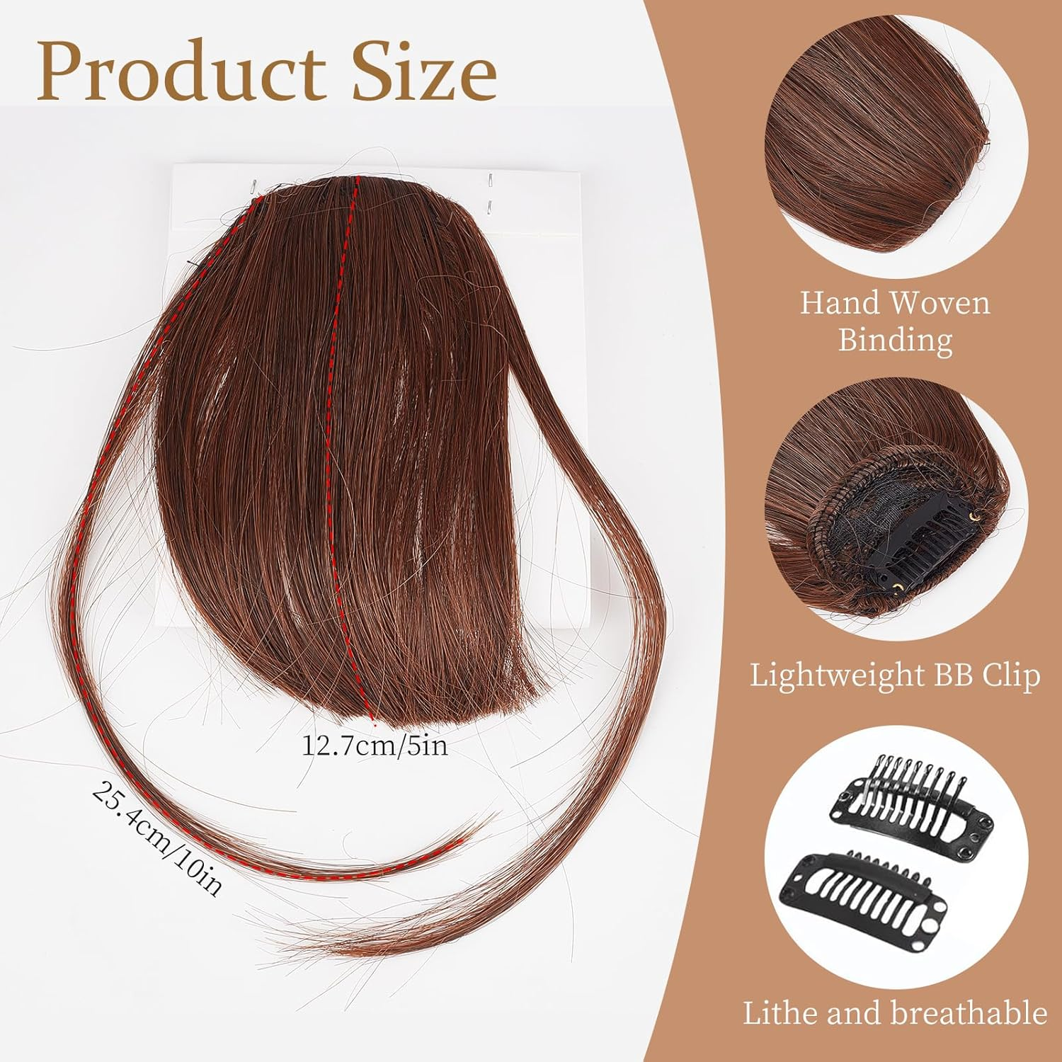 NICENEEDED French Fringe Natural Curved Reddish Brown Pony with Clip False Pony Synthetic Fringe with Underwire image number 4