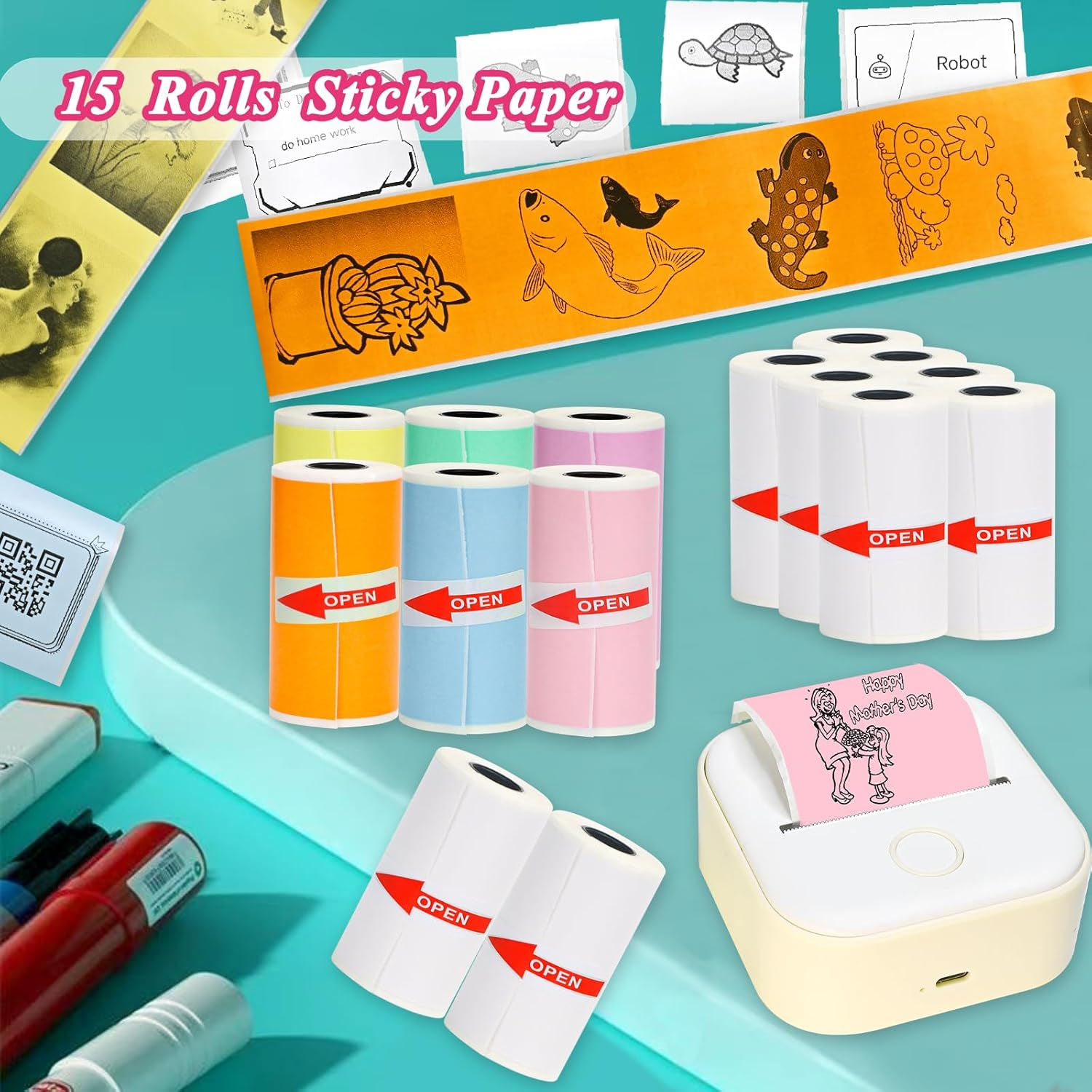 Rifanda 15 Rolls Thermal Sticker Paper 53X28Mm for Phomemo T02/M02/M02S/PRO Mini Printers, 3.75M Mini Colorful Self-Adhesive Mini Printer Paper for Memoking Mini Printer, Study Notes, Journals, Photos image number 6