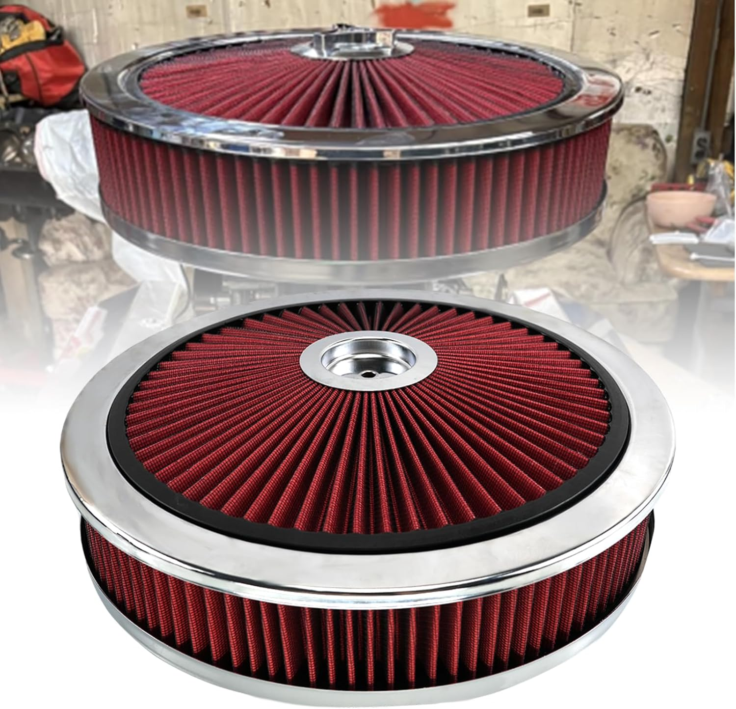 RYANSTAR RACING 14" X 3" round Air Cleaner Filter Assembly Kit Includes Flow-Thru Lid Washable Air Filter Element Compatible with Chevy Ford GMC Black