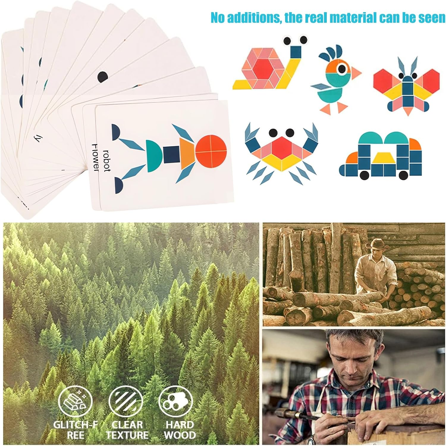 180 Pcs Wooden Pattern Blocks, Tangram Puzzles for Kids Ages 4-8, Montessori Toys Geometric Shapes Puzzle Set with Activity Cards, Educational Learning Toys for Children image number 5