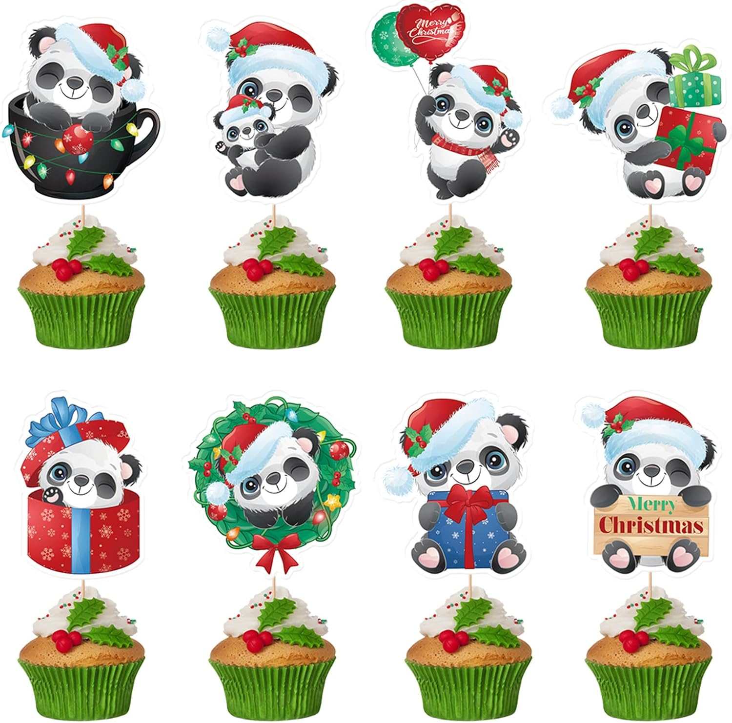 Christmas Cupcake Toppers Winter Cake Decorations Snowman Panda Penguin Cartoon Design Cake Toppers Picks for Winter Birthday Christmas Party Decoration Supplies (56Pcs) image number 1
