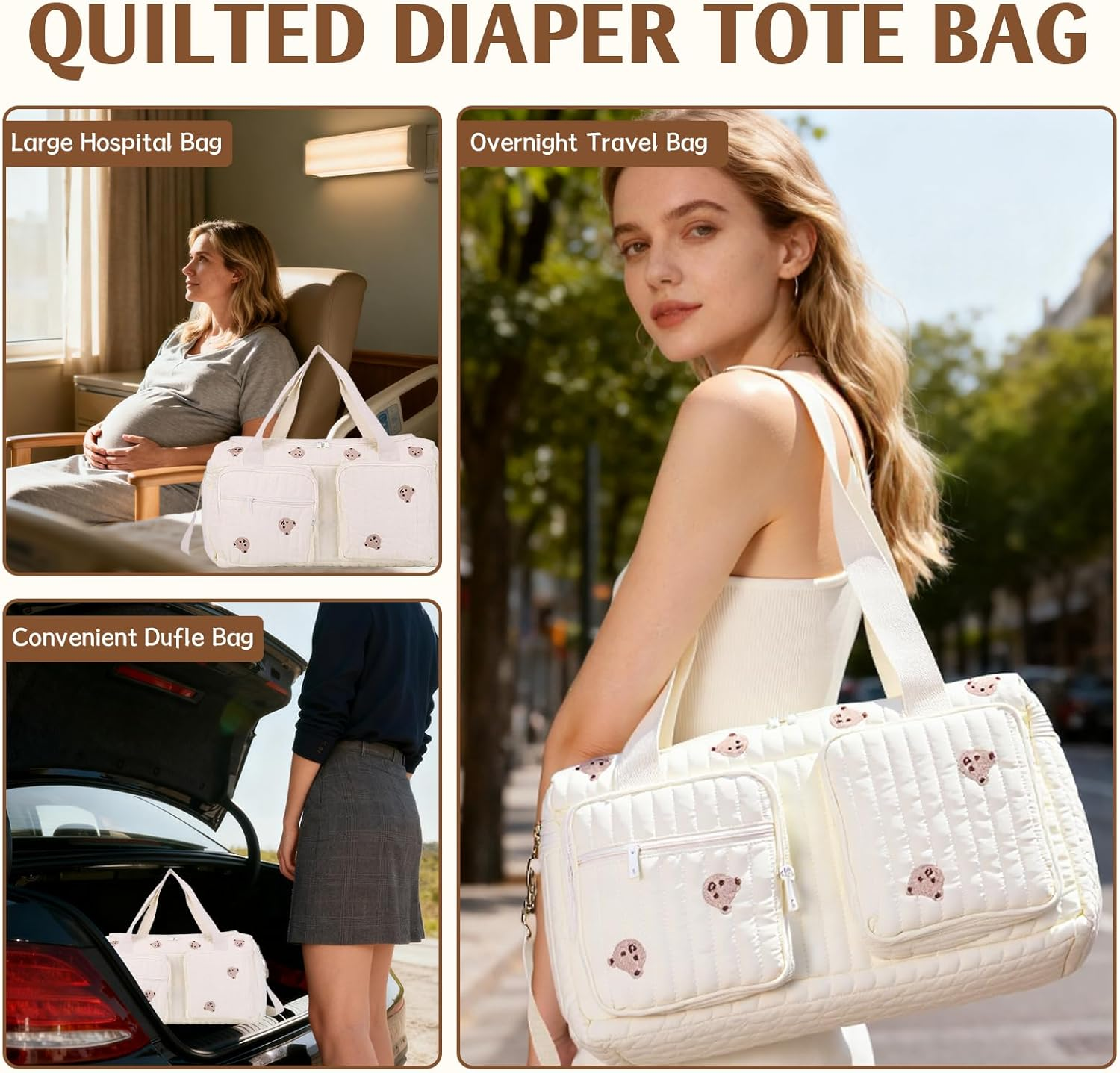 Floral Quilted Duffle Bag for Women Cotton Coquette Bag Large Floral Travel Duffle Weekend Bag with Adjustable Carry Strap - White image number 2