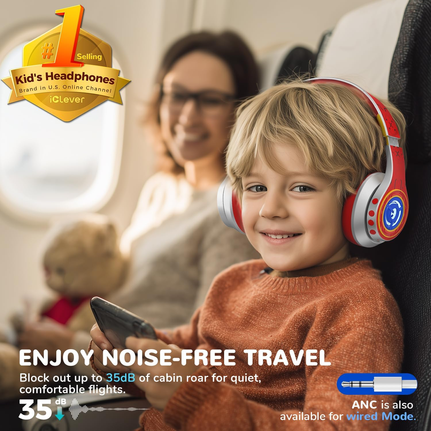 Iclever Auraa Active Noise Cancelling Headphones Kids, LED Light Up, Bluetooth 6.0, Safe Volume 80Dba, 47H Play Time,Fast Charging,Kids Headphones Wireless with Mic AUX Cord for Travel Ipad, Sliver image number 6