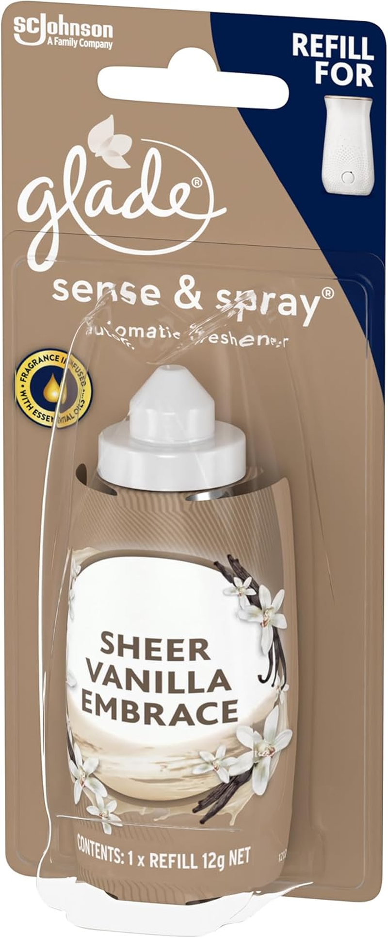 Glade Sense and Spray Refill, Use with Glade Automatic Air Freshener, Home Fragrance Infused with Essential Oils, Sheer Vanilla Embrace Spray Refill, 12G, 1 Pack image number 2