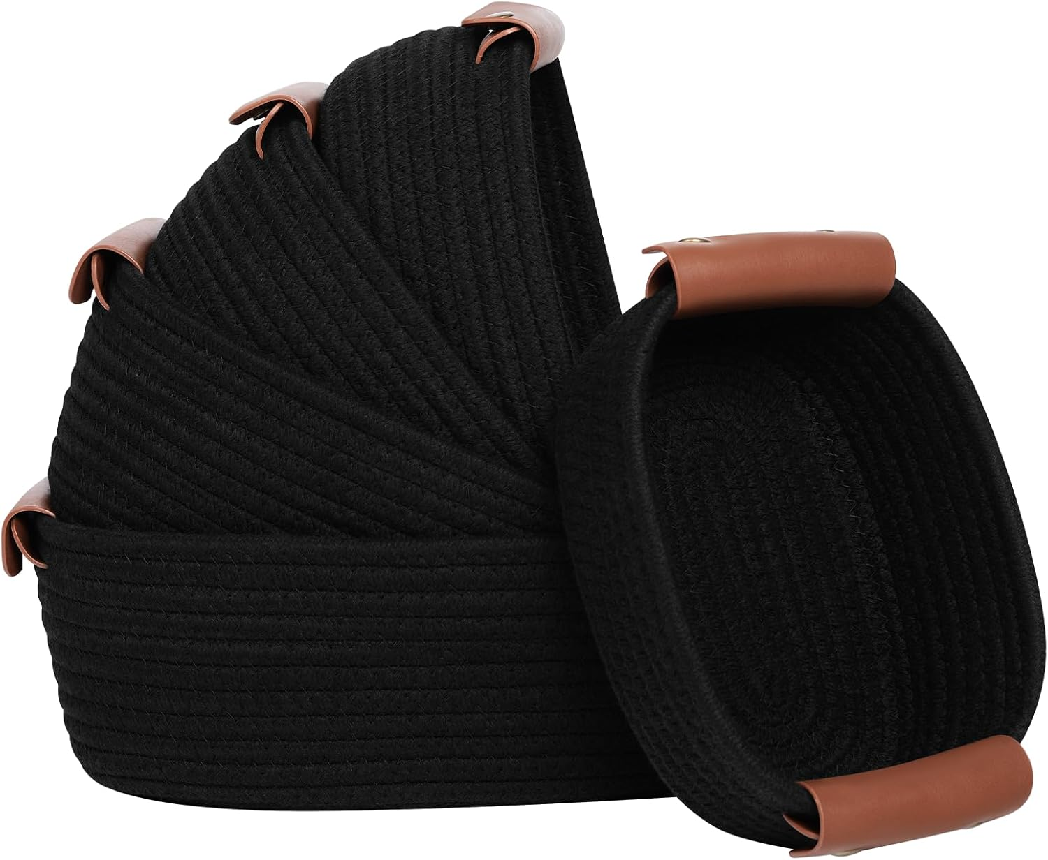 Storage Basket Set of 5 - Cotton Rope Baskets with Leather Handles - Small Woven Basket for Organizing, Nursery, Bathroom Shelves or Bedroom Decor (Rainbow)