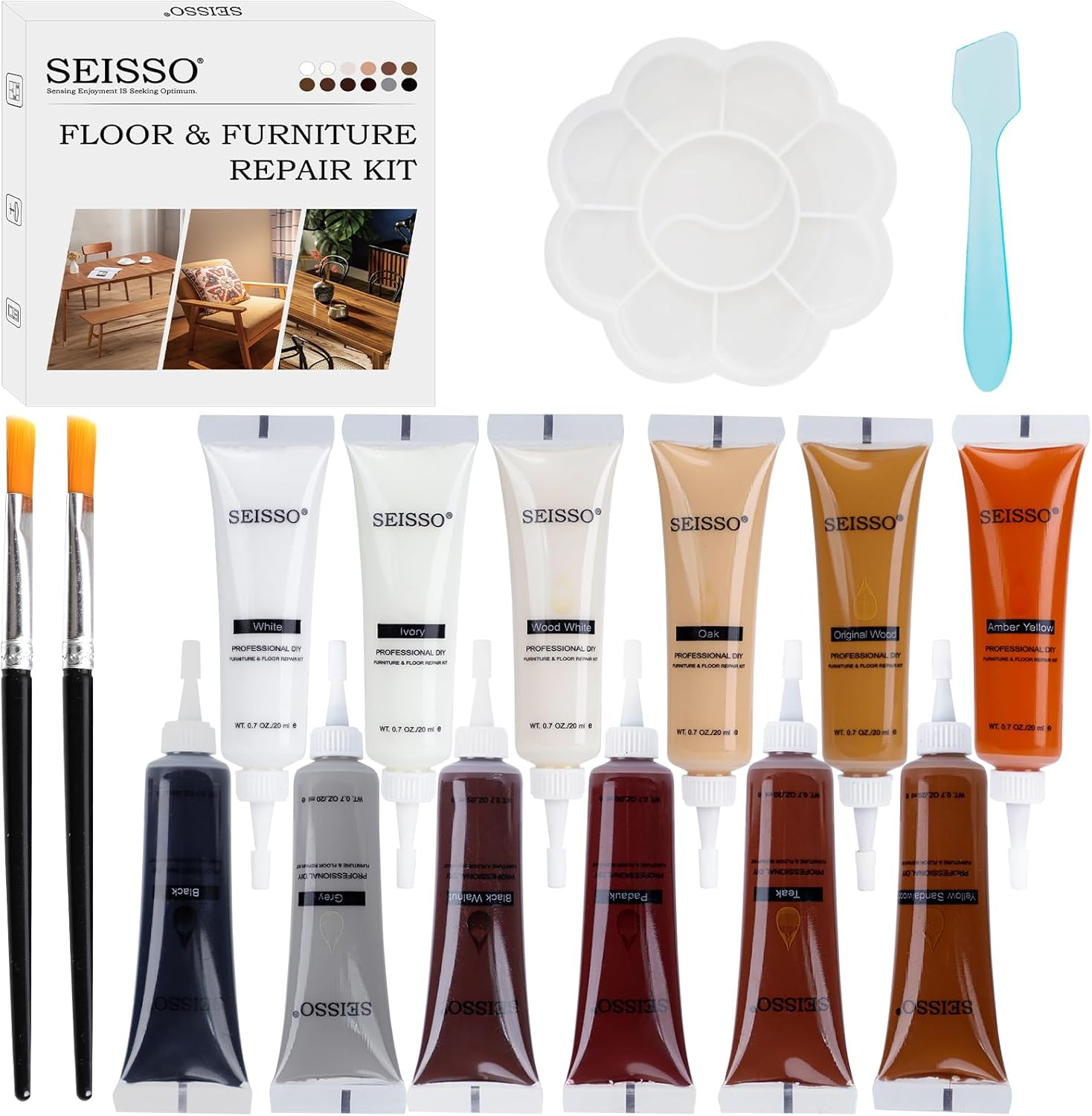 SEISSO 12 Colors Wood Scratch Repair Kit, Wood Filler Putty Furniture Markers Touch up Vinyl Floor Repair Kit - Restore a Finish, Cover Hardwood Scratches, Cracks, Hole, Table, Door image number 1