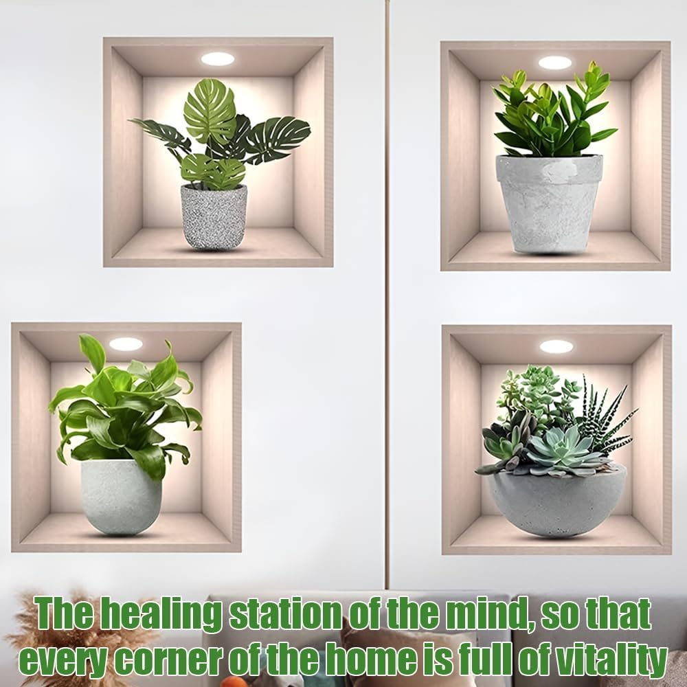 4 Pcs Green Pot Plants Leaves Wall Decals, 3D Bonsai Plant Wall Sticker, Living Room Dining Room Bedroom Decor, 30 * 30Cm, Peel and Stick image number 6